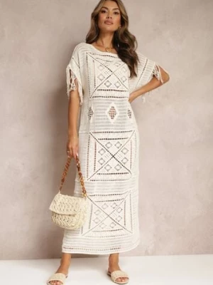 Beżowa Szydełkowa Sukienka Maxi z Frędzlami i Rękawem Typu Nietoperz Yumoto rosa