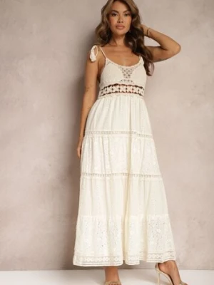 Beżowa Szydełkowa Sukienka Maxi z Ozdobnym Haftem i Falbanką Eshade rosa