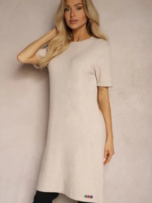 Beżowa T-shirtowa Sukienka z Wiskozowej Dzianiny z Ozdobnymi Guzikami Narossa palma