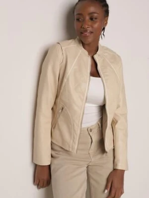 Beżowa Taliowana Kurtka Ramoneska z Kontrastowymi Lamówkami Nissalea