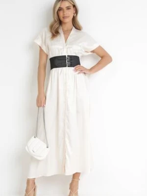 Beżowa Taliowana Sukienka Maxi z Szerokim Paskiem z Klamrami Tinali bisou's project