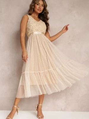 Beżowa Taliowana Sukienka Midi z Ozdobną Siateczką Celerise allyson