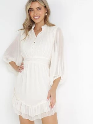 Beżowa Taliowana Sukienka Mini z Rękawami 3/4 i Falbanką Serafilla bisou's project