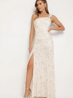 Beżowa Taliowana Sukienka na Jedno Ramię w Kwiatowy Wzór Melanisea new collection