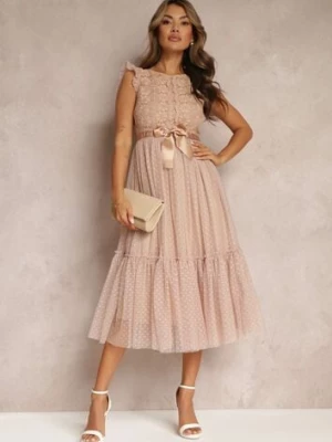 Beżowa Taliowana Sukienka z Tiulową Spódnicą i Górą z Koronki Darela elsa.m by may