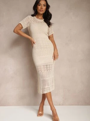 Beżowa Taliowana Sukienka z Wiskozą z Ażurowym Wzorem Anelvia elsa.m by may