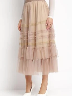 Beżowa Tiulowa Spódnica Maxi z Gumką w Pasie z Falbankami Mathurin elsa.m by may