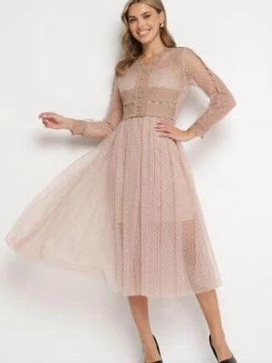 Beżowa Tiulowa Sukienka Midi z Koronkowymi Tasiemkami i Długimi Rękawami Kabienne elsa.m by may