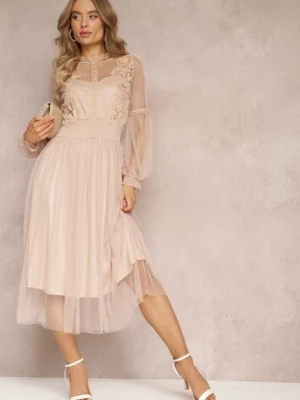 Beżowa Tiulowa Sukienka Rozkloszowana z Koronką Nirthe elsa.m by may