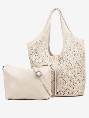 Beżowa Torebka Shopper z Ażurowym Wzorem i Dodatkową Saszetką Merabella coo& co
