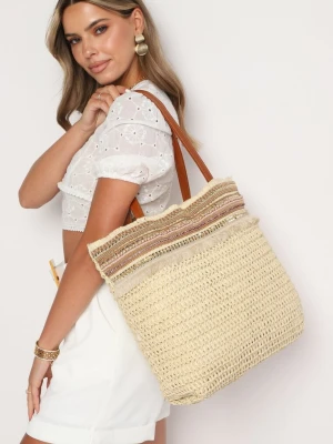 Beżowa Torebka Shopperka Wykończona Plecionką i Frędzlami w Stylu Boho Rivaniane