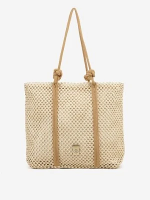 Beżowa Torebka Typu Shopper z Plecionki Reviane