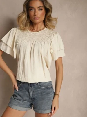 Beżowa Trapezowa Bluzka z Wiskozą Zdobiona Falbankami i Elastyczną Wstawką Mirlimi new collection