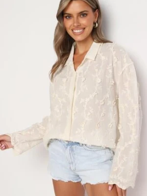 Beżowa Trapezowa Haftowana Koszula z Bawełną Elivna rosa