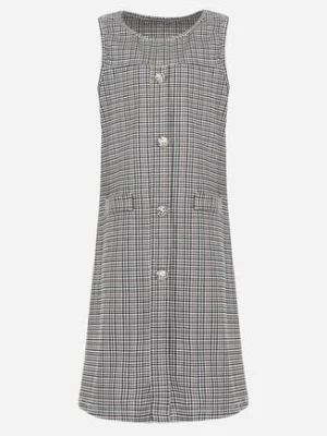 Beżowa Trapezowa Sukienka Mini w Kratkę z Biżuteryjnymi Guzikami Curumen