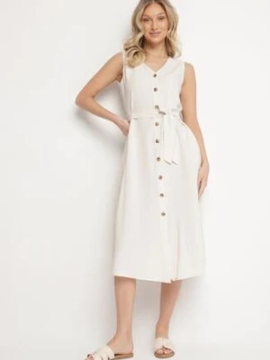 Beżowa Trapezowa Sukienka z Wiązanym Paskiem Brystia rosa