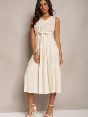 Beżowa Wiązana Sukienka Midi bez Rękawów z Gumką w Talii Mideyo cflo