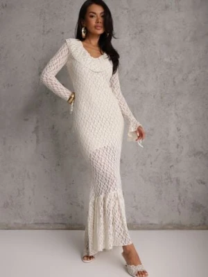 Beżowa Wieczorowa Sukienka z Koronki Zdobiona Falbanami Lunetra allyson