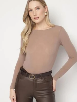 Beżowa Wiskozowa Bluzka z Długim Rękawem z Dodatkiem Kaszmiru Uninda