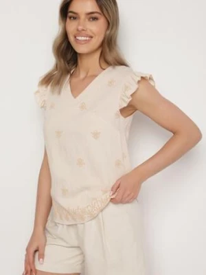 Beżowa Wiskozowa Bluzka z Lnem Zdobiona Haftem i Falbanami Neliorra melya by melody