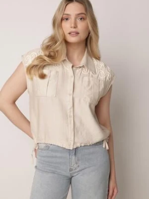 Beżowa Wiskozowa Koszula Boho Bez Rękawów ze Ściągaczem w Pasie Limopise j&x