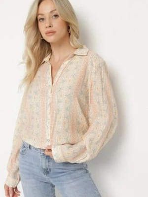 Beżowa Wiskozowa Koszula w Drobny Wzór z Kwiatami Rivedia rosa