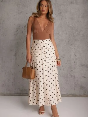 Beżowa Wiskozowa Spódnica High Waist w Kropki z Guzikami Tadalion unigirl