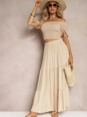 Beżowa Wiskozowa Spódnica High Waist z Gumką w Talii i Falbanką Christiara bludeise