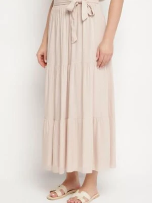 Beżowa Wiskozowa Spódnica Maxi Rozkloszowana z Paskami Saosa rosita