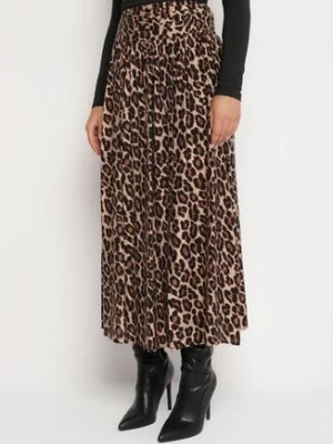 Beżowa Wiskozowa Spódnica z Wysokim Stanem i Gumką w Talii w Panterkę Vimalore belcci