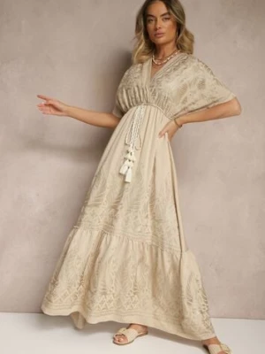 Beżowa Wiskozowa Sukienka Boho o Kopertowym Kroju z Metalicznym Haftem Redeselle rosa