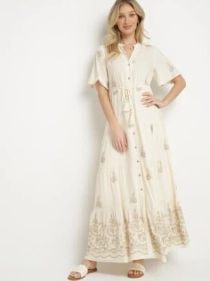 Beżowa Wiskozowa Sukienka Boho o Rozkloszowanym Kroju z Haftem i Wiązaniem Lilvanis unigirl