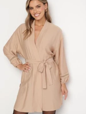 Beżowa Wiskozowa Sukienka Kimono z Kieszeniami i Ozdobnymi Ażurowymi Wstawkami Salanora maja studio