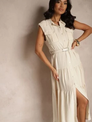 Beżowa Wiskozowa Sukienka Koszulowa z Bawełną i Paskiem Artebia elsa.m by may