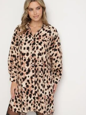 Beżowa Wiskozowa Sukienka Koszulowa z Lnem w Panterkę w Stylu Nietoperza Emarille melya by melody