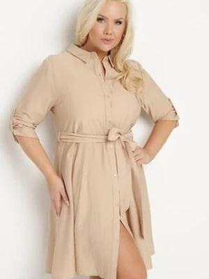 Beżowa Wiskozowa Sukienka Koszulowa z Materiałowym Paskiem Edirilea christy