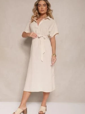 Beżowa Wiskozowa Sukienka Koszulowa z Wiązanym Paskiem w Talii Vanisti cflo