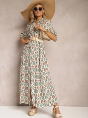 Beżowa Wiskozowa Sukienka Maxi w Liście o Rozkloszowanym Fasonie z Paskiem Pelitra