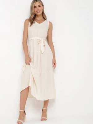 Beżowa Wiskozowa Sukienka Midi z Gumką w Pasie i Materiałowym Paskiem Bicuh cflo