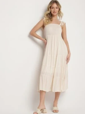 Beżowa Wiskozowa Sukienka na Ramiączkach Zdobiona Metaliczną Nicią Iffrisse rosa