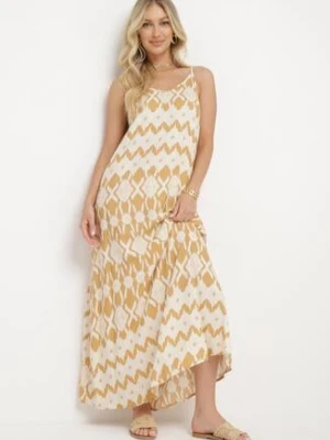 Beżowa Wiskozowa Sukienka na Regulowanych Ramiączkach o Geometrycznym Wzorze Vididia rosa