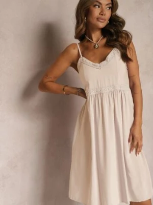 Beżowa Wiskozowa Sukienka na Regulowanych Ramiączkach z Haftem i Lampasami Nelmina cflo