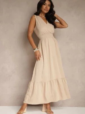 Beżowa Wiskozowa Sukienka o Kopertowym Kroju Bez Rękawów Silessa j&x