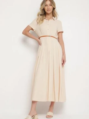 Beżowa Wiskozowa Sukienka o Koszulowym Fasonie z Wąskim Paskiem Fillamea unigirl