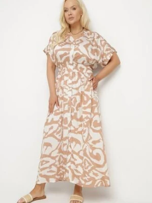 Beżowa Wiskozowa Sukienka o Koszulowym Kroju z Gumką w Talii Mevolirae j&x