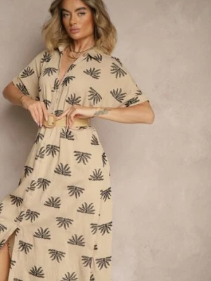 Beżowa Wiskozowa Sukienka o Koszulowym Kroju z Haftem i Paskiem z Klamrą Lioessa m&d fashion