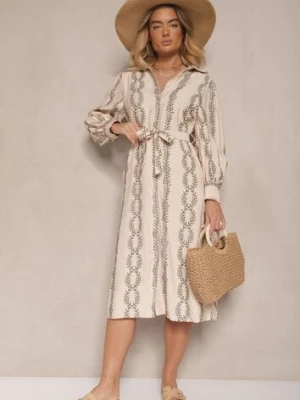 Beżowa Wiskozowa Sukienka o Koszulowym Kroju z Haftem i Wiązanym Paskiem Salliene unigirl