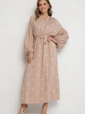 Beżowa Wiskozowa Sukienka o Kroju Oversize z Ozdobnym Haftem Naleniel maja studio