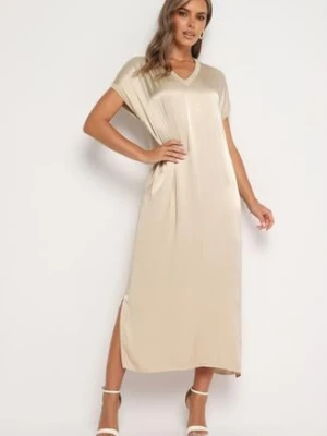 Beżowa Wiskozowa Sukienka o Pudełkowym Kroju Oversize Moratina jumelle