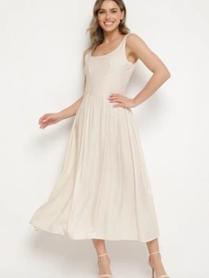 Beżowa Wiskozowa Sukienka o Rozkloszowanym Kroju Milareina lovery